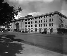 Black and white photo of the station's exterior