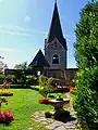 Castle garden, with church spire in background