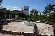 A fountain in a garden