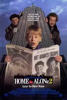 Kevin McCallister holding a newspaper that has the Statue of Liberty doing Kevin's iconic scream, with an enlarged Marv and Harry in the background peeking from behind a tower.