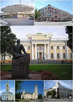 Top: Gomel State Circus Arena (left) and Gomel State Post Office heritage building (right)Center: Rumyantsev-Paskevich Palace and statue of Nikolay RumyantsevBottom: Saint Peters and Pavel Orthodox Church, Gomel Nativity of Virgin Mary Church, and Gomel City Council (left to right)