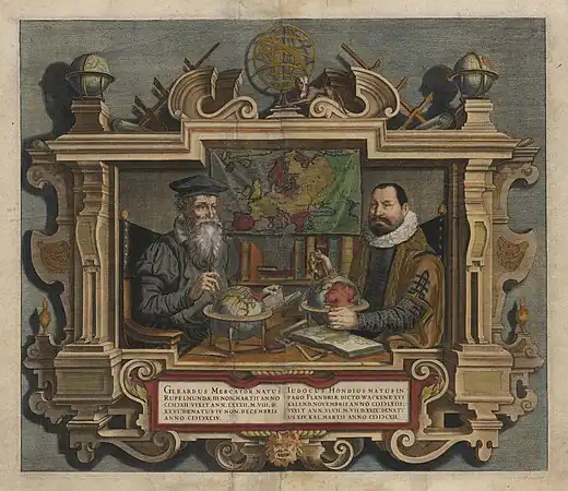 Double portrait of cartographers, Gerardus Mercator and Jodocus Hondius, engraved by Colette Hondius (Colette van den Keere).