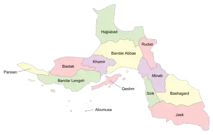 Location of Sirik County in Hormozgan province (center right, green)