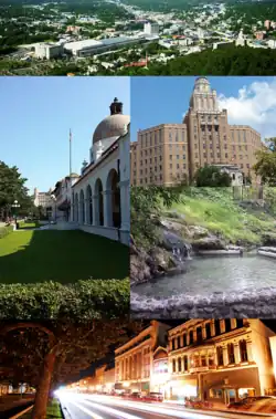 Clockwise from top: Aerial view of Hot Springs, Army-Navy Hospital, a pool of hot spring water in Hot Springs National Park, the Central Avenue Historic District, Bathhouse Row