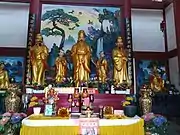 Statues of Hua Tuo (left), Sun Simiao (middle) and Zhang Zhongjing (right) at the Hall of Medicine King, in Lingsheng Temple.