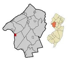 Location of Frenchtown in Hunterdon County highlighted in red (left). Inset map: Location of Hunterdon County in New Jersey highlighted in orange (right).