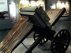 A life size reconstruction of a hwacha that launches singijeons - the Korean fire arrow.