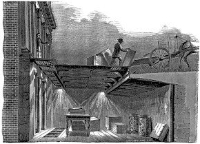 Cross-section of a road and adjacent building, showing the basement extending under the sidewalk and part of the road. Sunlight is shining through the sidewalk into the basement.