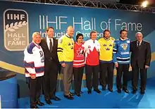 New members in 2013: Jan-Åke Edvinsson, Gord Miller, Mats Sundin, Danielle Goyette, Paul Henderson, Peter Forsberg and Teppo Numminen. Boris Mikhailov, member since 2000, on the right.