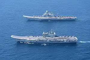 Vikrant with INS Vikramaditya undertaking joint carrier operations.