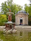 Fountain and music temple in gardens.