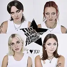 Individual portraits of all four band members wearing white, all in front of a white background. A logo of a black star and the band name is centred in the middle, and the album title, stylised as "I ♥︎ YOU", is centred below.