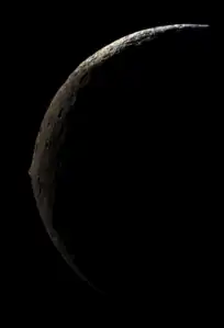 Iapetus' massive equatorial ridge is clearly visible from Cassini's images as the space probe approached Iapetus from its nightside during its closest flyby of the moon on September 10, 2007 at a distance of 83,000 kilometers (51,600 miles). The spacecraft came as close as 1,227 km (762 mi) from the moon's surface during this flyby. This is also the clearest picture of the equatorial ridge to date.