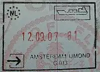 Entry stamp for ferry travel, issued at the port of Amsterdam IJmond in Netherlands