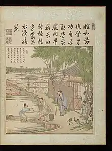 Imperially commissioned illustrations of agriculture and sericulture. Woodblock print by Zhu Gui after designs by Jiao Bingzhen. 1696