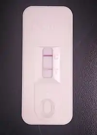 A white plastic cassette containing an opening for introducing a blood sample and a viewing window in which two pink lines, labelled "C" and "T", can be seen.