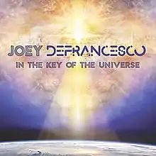 The name of the artist and album written in the center of the frame in front of a nebulous cloud colored yellow at the middle with a star shining through, then dark blue around the outside, with Earth visible at the bottom of the frame.