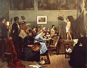 A large oil painting depicting an entirely female studio participating in a figure drawing exercise