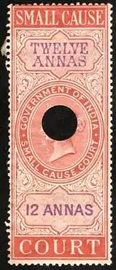 An Indian revenue stamp with a punched cancel.