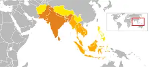 Image 6Historic Indosphere cultural influence zone of Greater India for transmission of elements of Indian elements such as the honorific titles, naming of people, naming of places, mottos of organisations and educational institutes as well as adoption of Hinduism, Buddhism, Indian architecture, martial arts, Indian music and dance, traditional Indian clothing, and Indian cuisine, a process which has been also aided by the ongoing historic expansion of Indian diaspora. (from History of Laos)