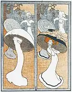 Hat fashions have sometimes been the subject of ridicule. This 1908 cartoon by Ion Theodorescu-Sion, which first appeared in a Romanian publication, satirised the popularity of mushroom hats.