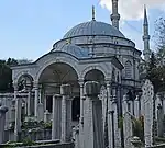 View of the mausoleum and its entrance porch from the north, inside the cemetery