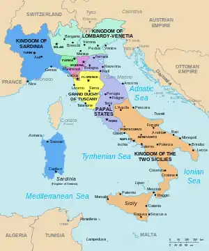 Political map of the Italian peninsula in the year 1843