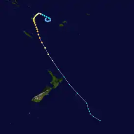 Ivy formed in the upper center of the map and completed a loop before curving towards the southeast and becoming extratropical near New Zealand.