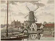 Nieuwe Prinsengracht from Onbekendegracht with "De Eendracht" mill (demolished 1876). J.M.A. Rieke