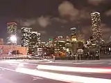 Houston evening skyline from the same parking lot with J.P. Morgan Chase Tower on far right.