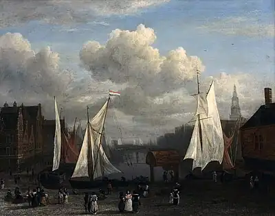 Painting of a city scene with a river