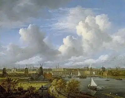 Painting of a city scene with a river