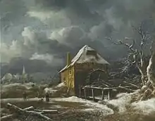 painting of watermill in winter landscape