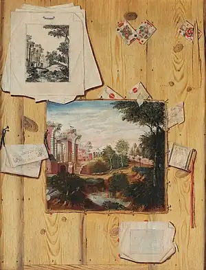 Trompe l'oeil of a wooden panelling with a painted canvas and print of a landscape capriccio, Jacobus Plasschaert, 1650s