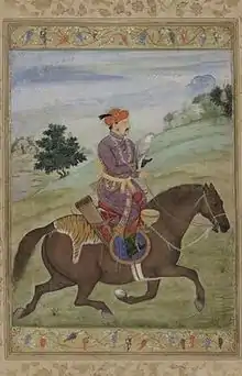 Jahangir hunting with a falcon, in Western-style country.