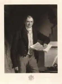 Standing mezzotint portrait of James Gibson-Craig in a tailcoat and cravat, with a paper in his hand