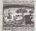 Janamsakhi manuscript painting with the caption 'Rai Bular witnesses cobra providing shade to young Guru Nanak on hot sunny day'