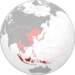 The former Dutch East Indies (dark red) within the Empire of Japan (light red) at its furthest extent in late 1942