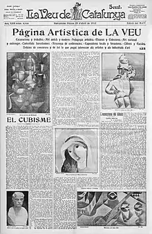 Jean Metzinger, c.1911, Nature morte, Compotier et cruche décorée de cerfs; Juan Gris, 1911, Study for Man in a Café; Marie Laurencin, c.1911, Testa ab plechs; August Agero, sculpture, Bust; Juan Gris, 1912, Guitar and Glasses, or Banjo and Glasses. Published in Veu de Catalunya, 25 April 1912