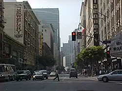 Street level in the Jewelry District, on Seventh Street, facing West and the Financial District