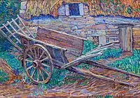 A wheelbarrow in front of a farm, 1920