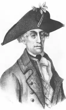 Black and white print shows a clean-shaven man with large eyes. He wears a gray military uniform and a bicorne hat.