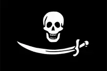 One of Roberts' several flags described in the Boston Gazette, depicting a skull and a sword.