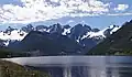 Cheam Range seen from the north at Wahleach Lake.Baby Munday Peak is a small peak in the center above snow.