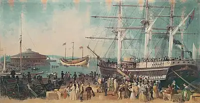 "The Bay and Harbor of New York" by Samuel Waugh (1814–1885), depicting the arrival of the Junk Keying in New York harbour in July 1847 (watercolor on canvas, c.1853–1855, Museum of the City of New York).