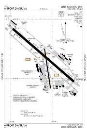 A map with a grid overlay showing the terminals runways and other structures of the airport.