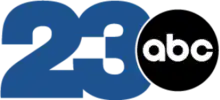 The number 23 in a thick sans serif in blue, with the numbers touching, and the ABC logo — a dark gray disc with lowercase letters "abc" — overlapping it on the right.