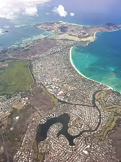 Aerial view of Kailua in 2010, Kaʻelepulu Pond at bottom