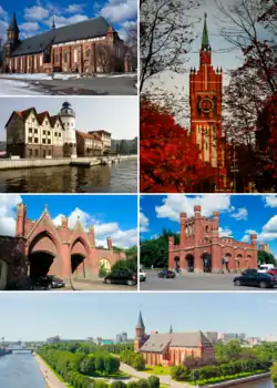 Church of the Holy Family; Königsberg Cathedral; "Fishermen's village" in pseudo-historic style; Brandenburg Gate; King's Gate; Pregolya River