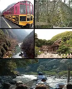 Top left: A sightseeing train at Sagano Sightseeing Line, Top right: Kameoka Castle site, Middle left: Hozu Valley, Middle right: Kameoka Izumo Shrine, Bottom: A sightseeing boat at Hozu Valley